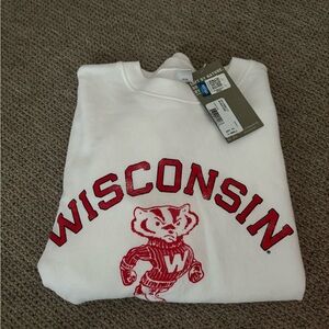 Wisconsin White Sweatshirt with Red Logo